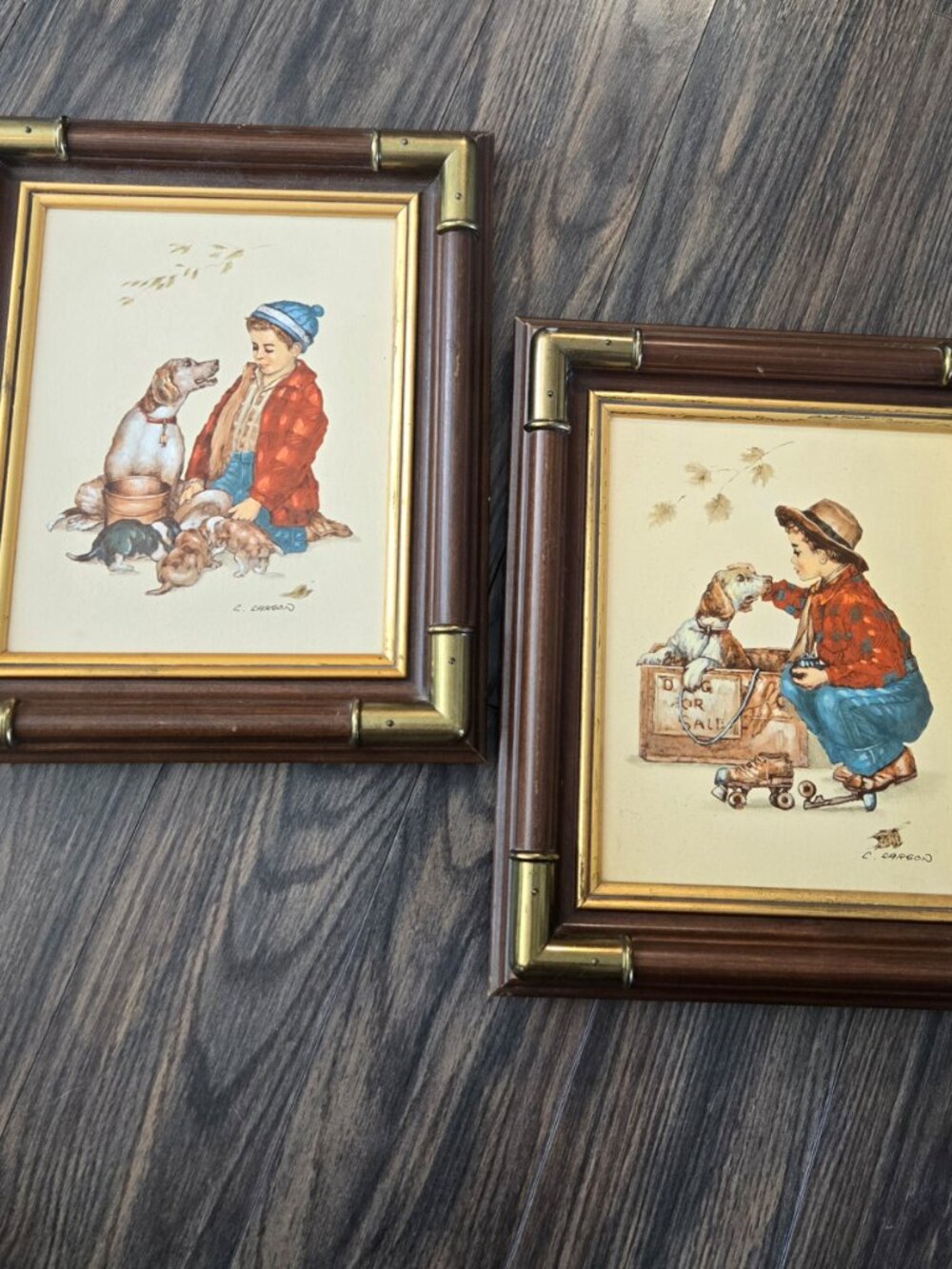 C. CARSON Set of Certified Oil Paintings "Boys and Their Dogs" VINTAGE, 1986